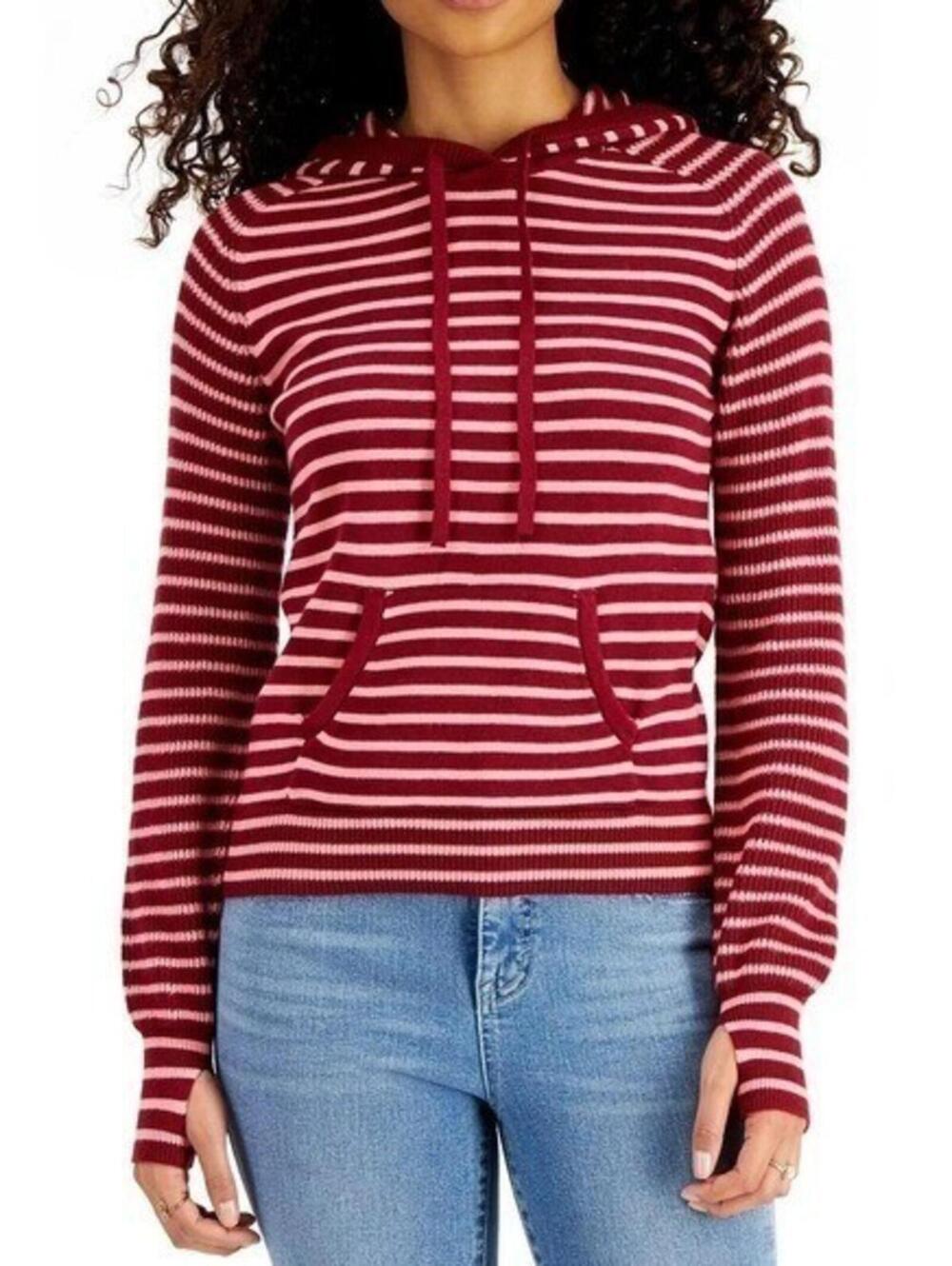 Style & Co Medium $58 Red Peach Pink Striped Knit Hoodie Kangaroo Pocket Sweater